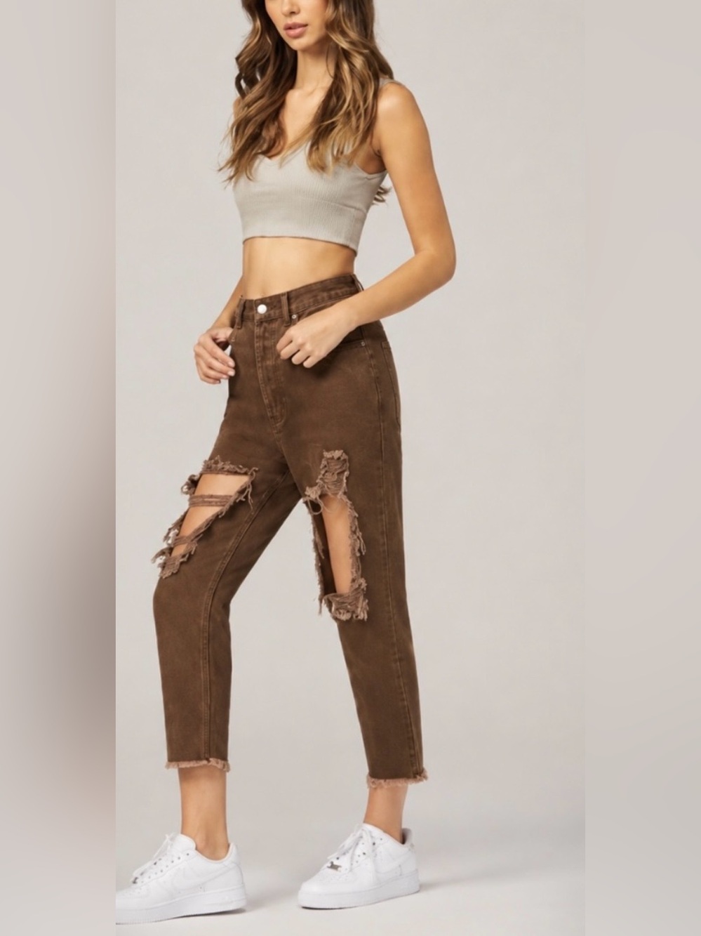 Simple Society Brown Distressed Cropped Size 7/28 Mom Jeans Super High Rise